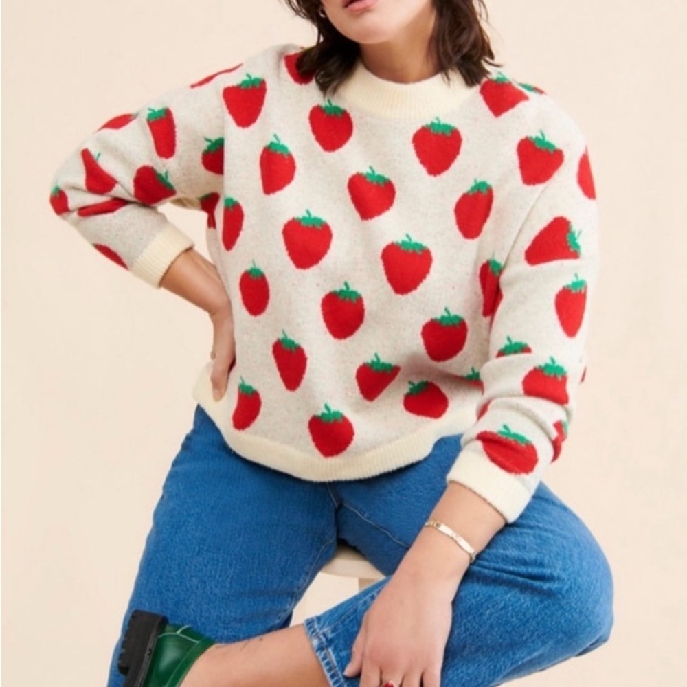 Lisa Says Gah Red Strawberry Cream Sweater